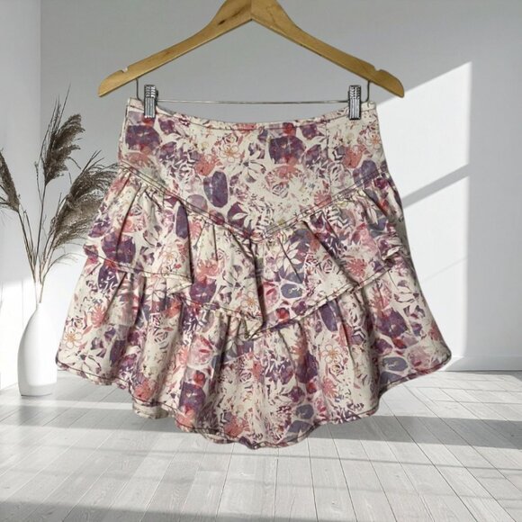DRIFTWOOD NWT Floral Print Tiered Ruffle Denim Mini Skirt Medium M Side Zip - Picture 3 of 14